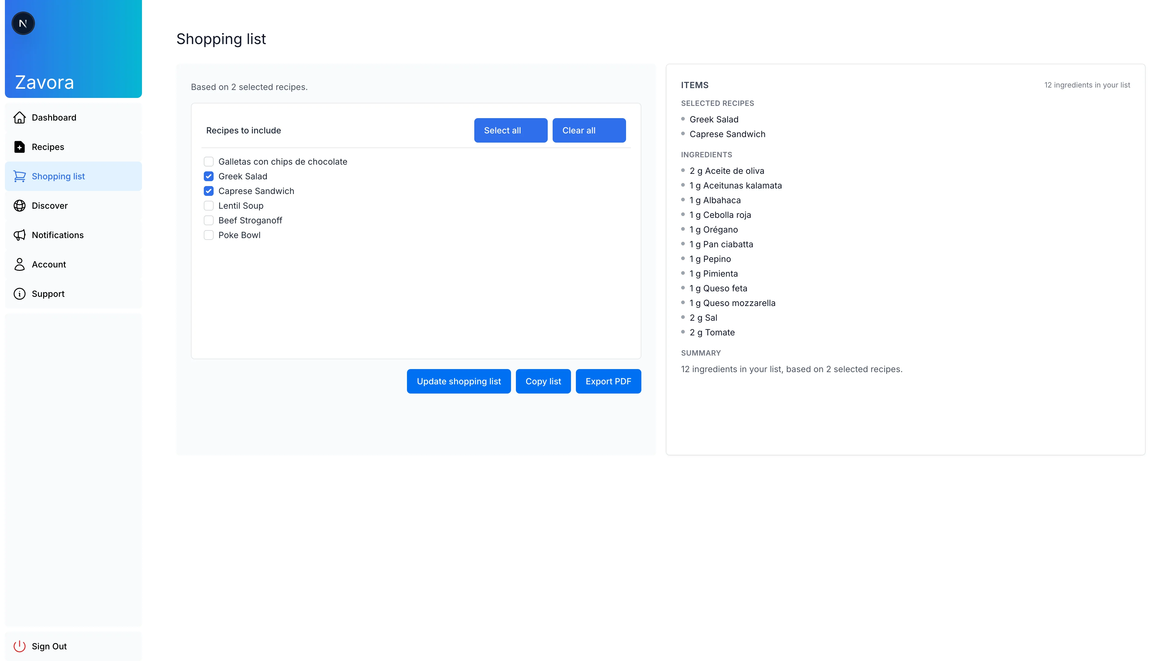 Zavora shopping list and meal planning dashboard