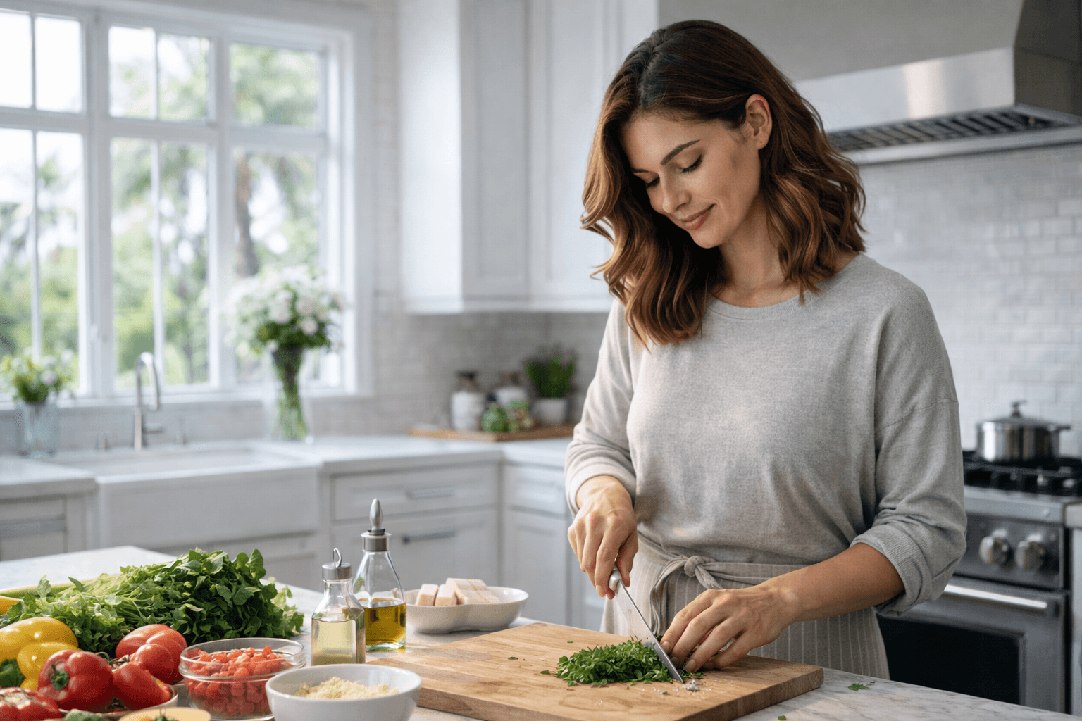 Home cook preparing ingredients in a warm kitchen